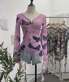 Dizziness Printing Mesh T-Shirt T-Shirt Irregular Lotus Leaf Side Ribbon Short Coat