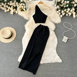 Purple Summer Women Solid 2 Piece One Shoulder Crop Top Tanks Slit Midi Skirt Set Bodycon Sexy Party Elegant
