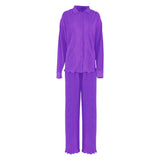 Green Two Piece Set Womens Lapel Long Sleeve Tops High Waist Loose Wide Leg Pant Solid Sets Female Spring