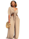 Summer Clothes Casual 2 Two Peice Set Outfits Women Short Sleeve Bandage Crop Top Baggy Pants Black Gray Matching