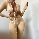 Solid Hollow Out Long Sleeves Bandage Bodycon Jumpsuit Summer Women Fashion Sexy Club Backless One Piece