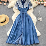 Vintage Embroidery Denim Maxi Dress Women Spring Lapel Pocket Lantern Sleeve Long Vestidos Belt Boho Beach Casual