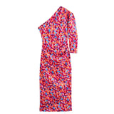 Summer Women's Dress French Retro Print Oblique Shoulder Design Body-Body-Suited And Hip Dress Skirt Fashion