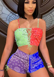 Printed Sexy Sleeveless Crop Top Hollow Out Two Piece Shorts