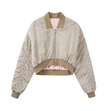 Women Fashion Front Zipper Satin Crop Padded Bomber Jacket Coat Vintage O Neck Long Sleeve Female Outerwear Chic