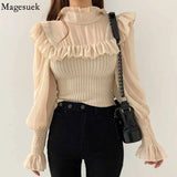 Pleated Knit Ruffle Blouse Women Elegant Turtleneck Winter Top Autumn 2021 Korean Fashion Slim Chiffon Shirt Blusas
