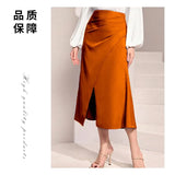 Women's High-Waisted Satin Pleated Split Skirt Solid Color Half Skirt Zipper Fishtail Hip Skirt-Outfit