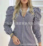 European and American new style women's striped puff sleeve slim shirt