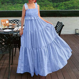 Women Bohemian Ruffled Party Beach Maxi Sundress Summer Plaid Dress Casual Sleeveless Pleated Long Vestido Sarafans