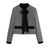 2022 Bow Tweed Blazer Women Vintage Cropped Jacket Woman Rhinestone Button Elegant Female Blazer Long Sleeve Jacket