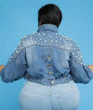 Plus Size Fashion Beaded Blue Turn Down Collar Long Sleeve Jeans