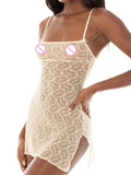 Women Sexy Lace See Through Sling Dress Square Neck Sleeveless Strap Side Split Mini Dresses Backless Summer Vestidos-Outfit