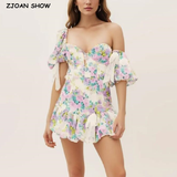 Women Spliced Bow Bandage Floral Print Mini Dress Sexy Short Lantern sleeve One Shoulder Party Dresses-Outfit