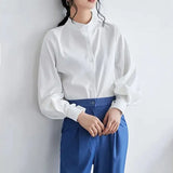 Vintage Chiffon Shirts Women Lantern Sleeve Black Blouses Korean Elegant Office Lady Solid Loose Casual Tops New-Outfit
