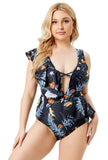 High-Leg Plunge Neck Floral Print Ruffles Plus Size One Piece