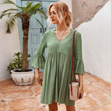 Sunmmer New Women Casual Lace Dress Boho V-neck Knee Loose Dress Hook Hollow Women Summer Bohemian Dress Yellow