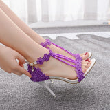 party Sandals Women White Lace Flowers Bridal Pearl Heel 9cm Fine High Heels Thin Bridal Pumps Wedding