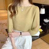 Summer Short Sleeve Chiffon Shirts Ladies Korean Chic Plaid Lantern Sleeve Loose Blouse Women Fashion Slash Neck Tops