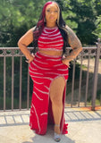 Red Beaded Sexy Crop Top and Slit Long Skirt