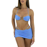 Women's Three-Piece Clothes Beachwear Outfits Halterneck Sleeveless Hollow Out Bra Tops + Thong + Skirt Bikinis Set-Outfit