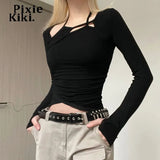 Asymmetric Cutout Crop Top Long Sleeve Tees Y2k Streetwear Black Clothes for Women Sexy T Shirts Spring 2023