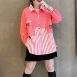 Loose Striped Patchwork Shirt Women's Clothing Turn-down Collar 2023 Spring Autumn Single-breasted Korean Casual