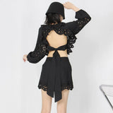TWOTWINSTYLE Loose Two Piece Set Womens Round Neck Long Sleeve Backless Shirt High Waist Short Pants Solid Sets Female