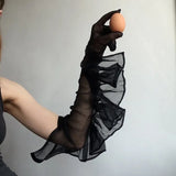 Solid Color Mesh Transparent Over Finger Fashion Gloves 319-1-Outfit