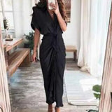 Women's Spring New Short-Sleeved Temperament Commute High-Waist Print Long