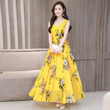 Women Floral Print Sleeveless Bohemian maxi dress Summer Ladies V-neck Sexy lacing Strappy waist party dress
