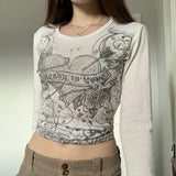 Fairy Grunge Diamonds Graphic Print Crop Top Autumn Long Sleeve Slim Fit Pullovers Tees Women Vintage White Crop Top