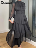 Maxi Dress Women Tier Ruffled Mesh Long Sleeve Long Dress Fashion Autumn New A Line Party Midi Dresses Women Solid-Outfit