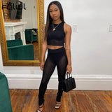 Fall Mesh Streetwear Two 2 Piece Sets Tracksuit Sweatsuits For Women Outfits Sleeveless Crop Top Black Pants Matching