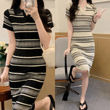 Striped Knitted Dress Girl Summer Polo Collar Short-Sleeved Dress Casual Dress To Close The Waist Thin Small