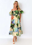 Summer New Temperament Elegant Print Shoulder Holiday Style Sexy Loose Dress