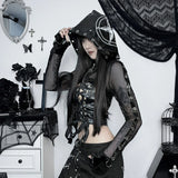 Summer New Personality Trend Blouse Women's Dark Wind Leather Printed Mesh Hoodie Blouse-Outfit