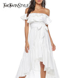Patchwork Ruched Striped Women's Dress Ruffles Slash Collar Sleeve Asymmetrical Hem Temperament Dresses Female