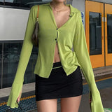 Retro Green Solid Casual Tops And Blouses Women 2022 Single Breasted Long Sleeve Elegant Fashion Spring Cardigan