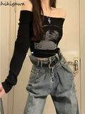Woman Tshirts Slash Neck Long Sleeve Print Tees 2023 Ropa Mujer Harajuku Sexy Crop Tops Fashion Korean Casual Y2k T Shirt-Outfit