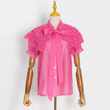 Patchwork Diamonds Shirt For Women Bowknot Collar Short Sleeve Solid Blouses Female Fashion Clothing Style New