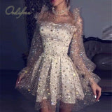 2022 Summer Women Sexy Mini Party Dress Long Sleeve See Through Mesh Sequin Short