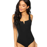 Black V-Cut Front Bodysuit Sexy Straps Plain Skinny Sleeveless Bodysuits Women Autumn Stretchy Minimalist