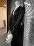Black Ankle Length Dresses Women V Neck Long Sleeve Loose Elegant Office Lady Fold Dresses Women Autumn New-Outfit