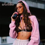 Sexy Streetwear Loose Women Hoodies Lace Up Sweatshirts Summer Autumn Long Sleeve Pullover Short Hooded Crop Top