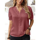 Summer Hollow Out Short Sleeve Tops Office V-neck Blouse Women Lace Mujer Loose Ladies Simple Casual Shirts Elegant