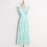 Solid Sexy Dress For Women V Neck Butterfly Sleeve High Waist Patchwork Lace Slimming Dresses Female 2022