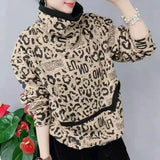 Women's Clothing Streetwear Leopard Stylish Letter Printed Patchwork Thick Warm Turtleneck Pullovers Autumn Winter Loose Tops-Outfit