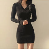 Korean Chic Autumn And Winter Vintage Little V-Collar Slim, Bottomed Knitted Dress, Sweater And Hip Skirt-Outfit
