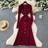 Small Fragrant High-Grade Metal Buckle Waist Dress Women 2025 Autumn Thin Temperament Hollow Knitted Long