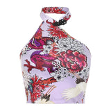 Women Y2K 2000s Halter Tank Backless Dragon Print Chinese Knot Irregular Cheongsam Style Sexy Summer Bustier Crop Top-Outfit